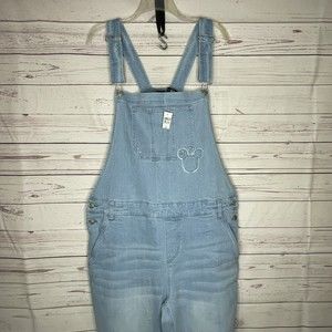 Disney Embroidered Mickey Mouse Women's Denim Overalls Size L Jean Light Blue